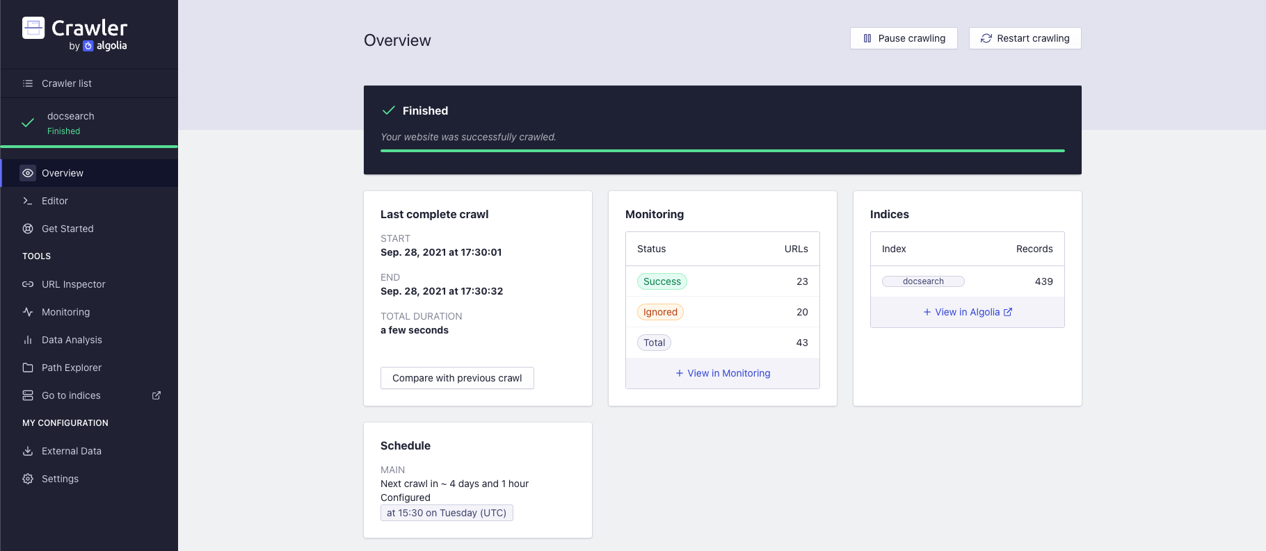 Algolia Crawler creation page